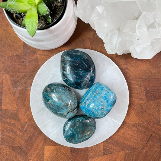 A group of four Apatite palm stones sits on a round Selenite plate. All items available at Freya's Haven.